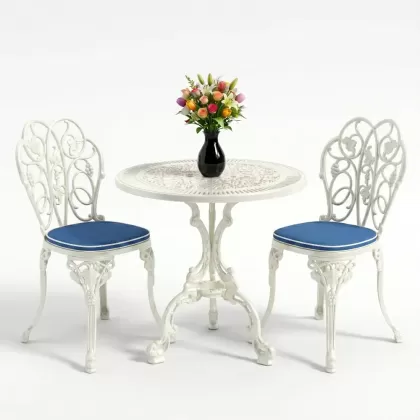 Yuvarlak 2 Kişilik alüminyum döküm masa, Ferfforje sandalye metal  balkon bahçe takımı beyaz