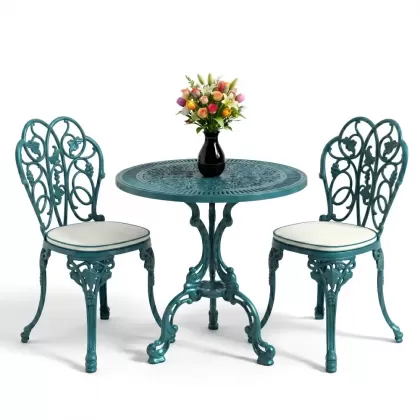 Yuvarlak 2 Kişilik alüminyum döküm masa, Ferfforje sandalye metal  balkon bahçe takımı turkuaz