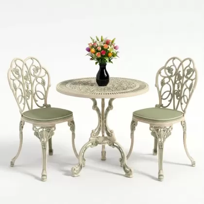 Yuvarlak 2 Kişilik alüminyum döküm masa, Ferfforje sandalye metal  balkon bahçe takımı yeşil patina
