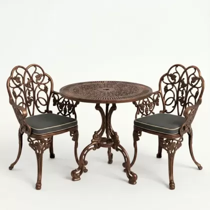 Yuvarlak 2 Kişilik alüminyum döküm masa, Ferfforje sandalye metal  balkon bahçe takımı bakır eskirme