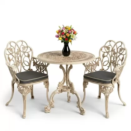 Yuvarlak 2 Kişilik alüminyum döküm masa, Ferfforje sandalye metal  balkon bahçe takımı beyaz eskitme
