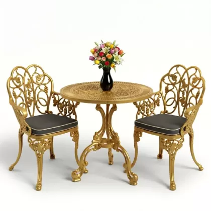 Yuvarlak 2 Kişilik alüminyum döküm masa, Ferfforje sandalye metal  balkon bahçe takımı gold altın