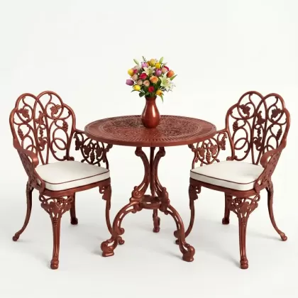 Yuvarlak 2 Kişilik alüminyum döküm masa, Ferfforje sandalye metal  balkon bahçe takımı kiremit kırmızı