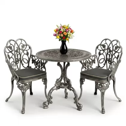 Yuvarlak 2 Kişilik alüminyum döküm masa, Ferfforje sandalye metal  balkon bahçe takımı silver gümüş