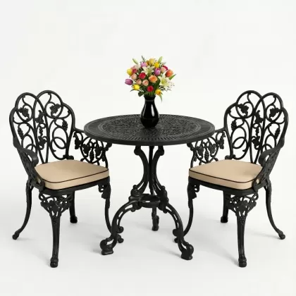 Yuvarlak 2 Kişilik alüminyum döküm masa, Ferfforje sandalye metal  balkon bahçe takımı siyah
