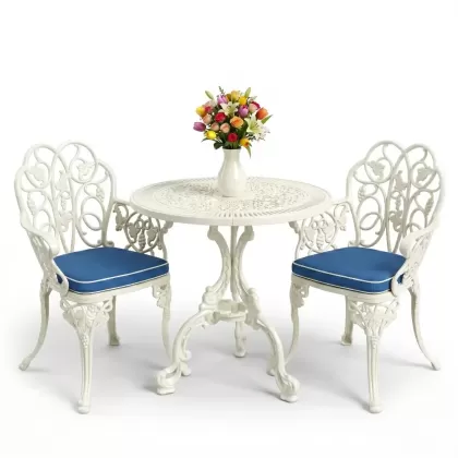 Yuvarlak 2 Kişilik alüminyum döküm masa, Ferfforje sandalye metal  balkon bahçe takımı beyaz