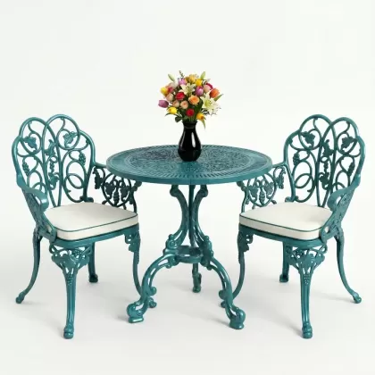 Yuvarlak 2 Kişilik alüminyum döküm masa, Ferfforje sandalye metal  balkon bahçe takımı turkuaz