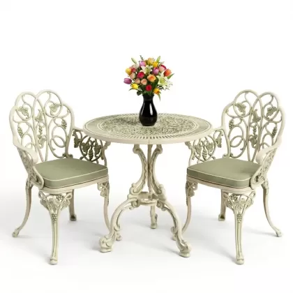 Yuvarlak 2 Kişilik alüminyum döküm masa, Ferfforje sandalye metal  balkon bahçe takımı yeşil patina
