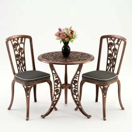 Yuvarlak 2 Kişilik alüminyum döküm masa, Ferfforje sandalye metal  balkon bahçe takımı bakır eskitme