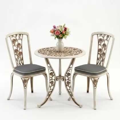 Yuvarlak 2 Kişilik alüminyum döküm masa, Ferfforje sandalye metal  balkon bahçe takımı beyaz eskitme