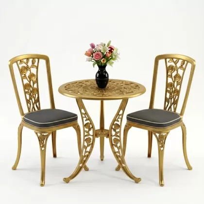 Yuvarlak 2 Kişilik alüminyum döküm masa, Ferfforje sandalye metal  balkon bahçe takımı gold altın