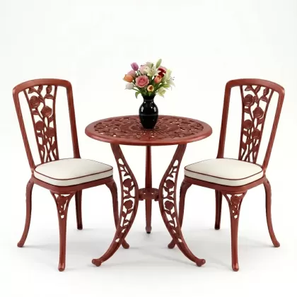 Yuvarlak 2 Kişilik alüminyum döküm masa, Ferfforje sandalye metal  balkon bahçe takımı kiremit kırmızı