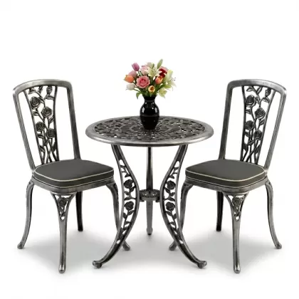 Yuvarlak 2 Kişilik alüminyum döküm masa, Ferfforje sandalye metal  balkon bahçe takımı silver gümüş