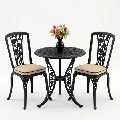 Yuvarlak 2 Kişilik alüminyum döküm masa, Ferfforje sandalye metal  balkon bahçe takımı siyah