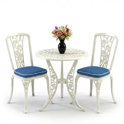 Yuvarlak 2 Kişilik alüminyum döküm masa, Ferfforje sandalye metal  balkon bahçe takımı beyaz