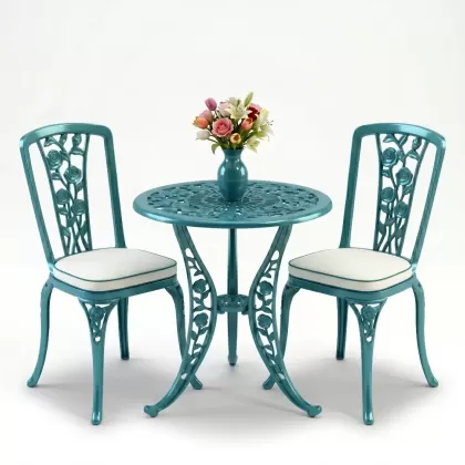 Yuvarlak 2 Kişilik alüminyum döküm masa, Ferfforje sandalye metal  balkon bahçe takımı turkuaz