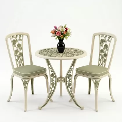 Yuvarlak 2 Kişilik alüminyum döküm masa, Ferfforje sandalye metal  balkon bahçe takımı yeşil patina