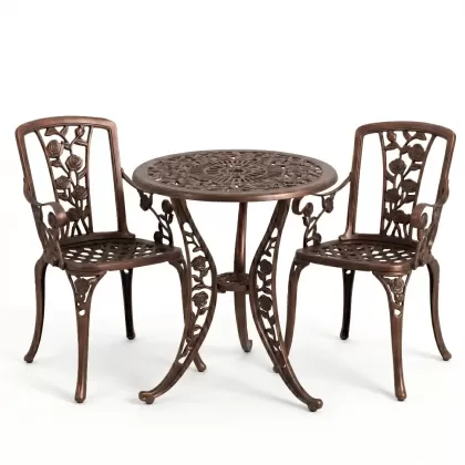 Yuvarlak 2 Kişilik alüminyum döküm masa, Ferfforje sandalye metal  balkon bahçe takımı bakır eskitme