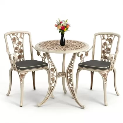 Yuvarlak 2 Kişilik alüminyum döküm masa, Ferfforje sandalye metal  balkon bahçe takımı beyaz eskitme