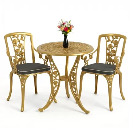 Yuvarlak 2 Kişilik alüminyum döküm masa, Ferfforje sandalye metal  balkon bahçe takımı gold altın