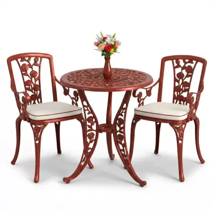 Yuvarlak 2 Kişilik alüminyum döküm masa, Ferfforje sandalye metal  balkon bahçe takımı kırmızı kiremit