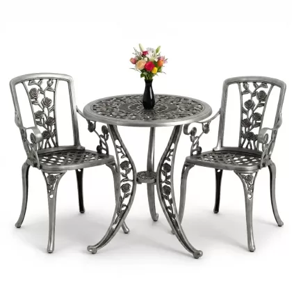 Yuvarlak 2 Kişilik alüminyum döküm masa, Ferfforje sandalye metal  balkon bahçe takımı gümüş silver