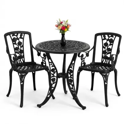 Yuvarlak 2 Kişilik alüminyum döküm masa, Ferfforje sandalye metal  balkon bahçe takımı siyah