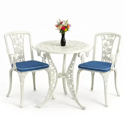 Yuvarlak 2 Kişilik alüminyum döküm masa, Ferfforje sandalye metal  balkon bahçe takımı beyaz