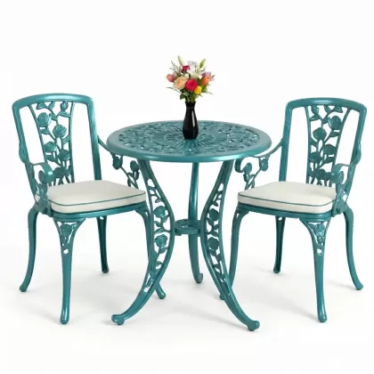 Yuvarlak 2 Kişilik alüminyum döküm masa, Ferfforje sandalye metal  balkon bahçe takımı turkuaz