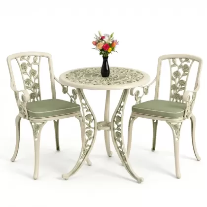 Yuvarlak 2 Kişilik alüminyum döküm masa, Ferfforje sandalye metal  balkon bahçe takımı yeşil patina