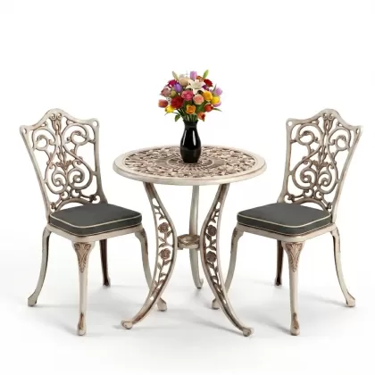 Yuvarlak 2 Kişilik alüminyum döküm masa, Ferfforje sandalye metal  balkon bahçe takımı beyaz eskitme