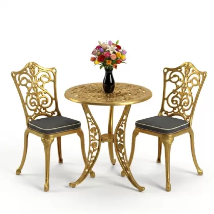 Yuvarlak 2 Kişilik alüminyum döküm masa, Ferfforje sandalye metal  balkon bahçe takımı gold altın
