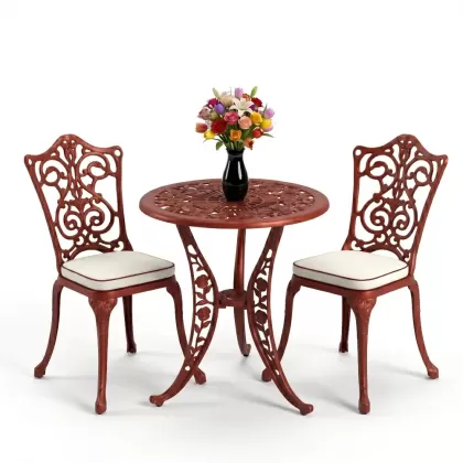 Yuvarlak 2 Kişilik alüminyum döküm masa, Ferfforje sandalye metal  balkon bahçe takımı kiremit kırmızı