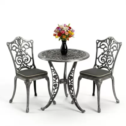 Yuvarlak 2 Kişilik alüminyum döküm masa, Ferfforje sandalye metal  balkon bahçe takımı silver gümüş