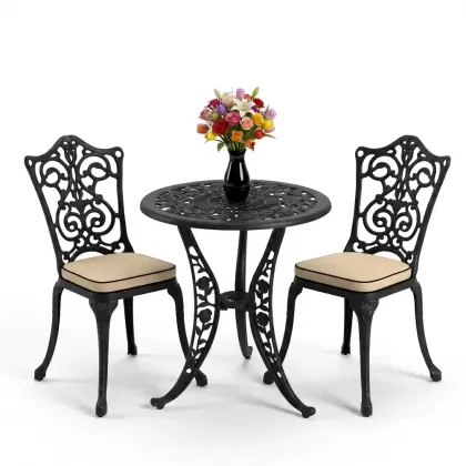Yuvarlak 2 Kişilik alüminyum döküm masa, Ferfforje sandalye metal  balkon bahçe takımı siyah