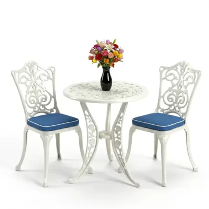 Yuvarlak 2 Kişilik alüminyum döküm masa, Ferfforje sandalye metal  balkon bahçe takımı beyaz