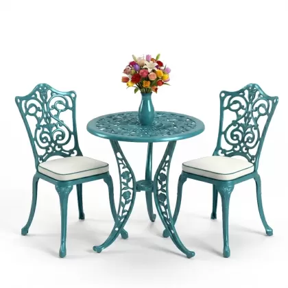 Yuvarlak 2 Kişilik alüminyum döküm masa, Ferfforje sandalye metal  balkon bahçe takımı turkuaz
