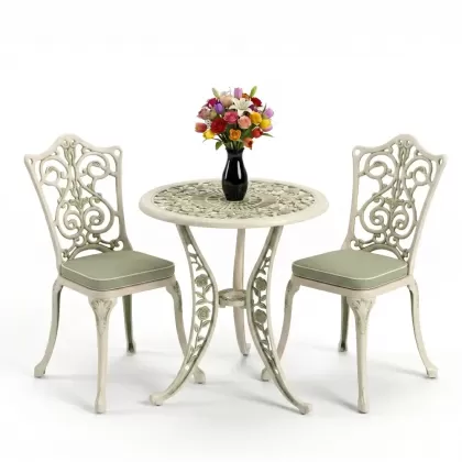 Yuvarlak 2 Kişilik alüminyum döküm masa, Ferfforje sandalye metal  balkon bahçe takımı yeşil patina