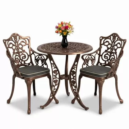 Yuvarlak 2 Kişilik alüminyum döküm masa, Ferfforje sandalye metal  balkon bahçe takımı bakır eskitme