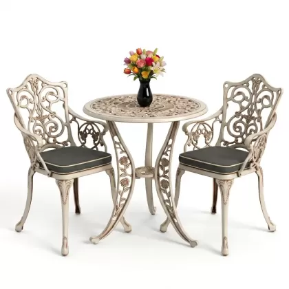 Yuvarlak 2 Kişilik alüminyum döküm masa, Ferfforje sandalye metal  balkon bahçe takımı beyaz eskitme