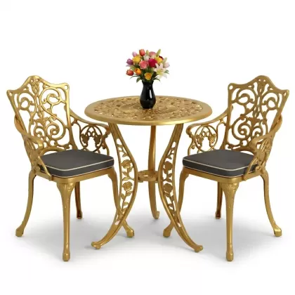 Yuvarlak 2 Kişilik alüminyum döküm masa, Ferfforje sandalye metal  balkon bahçe takımı gold altın