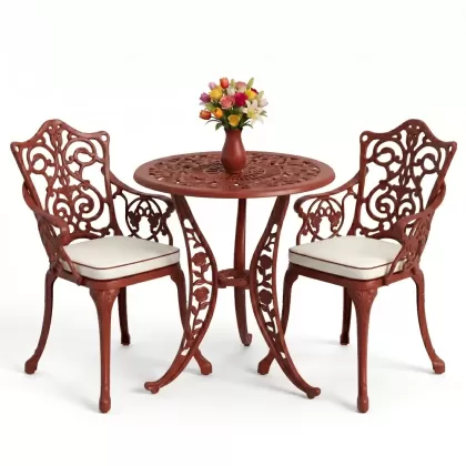 Yuvarlak 2 Kişilik alüminyum döküm masa, Ferfforje sandalye metal  balkon bahçe takımı kırmızı kiremit