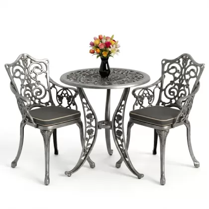 Yuvarlak 2 Kişilik alüminyum döküm masa, Ferfforje sandalye metal  balkon bahçe takımı silver gümüş