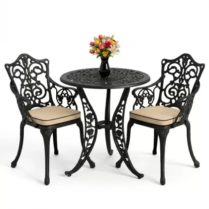 Yuvarlak 2 Kişilik alüminyum döküm masa, Ferfforje sandalye metal  balkon bahçe takımı siyah