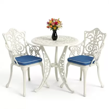 Yuvarlak 2 Kişilik alüminyum döküm masa, Ferfforje sandalye metal  balkon bahçe takımı beyaz