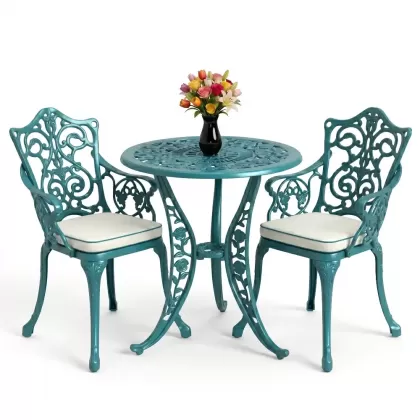 Yuvarlak 2 Kişilik alüminyum döküm masa, Ferfforje sandalye metal  balkon bahçe takımı turkuaz