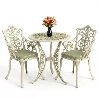 Yuvarlak 2 Kişilik alüminyum döküm masa, Ferfforje sandalye metal  balkon bahçe takımı yeşil patina