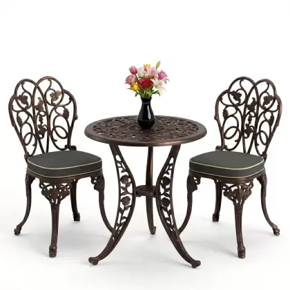 Yuvarlak 2 Kişilik alüminyum döküm masa, Ferfforje sandalye metal  balkon bahçe takımı bakır eskitme