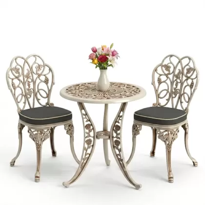 Yuvarlak 2 Kişilik alüminyum döküm masa, Ferfforje sandalye metal  balkon bahçe takımı beyaz eskitme