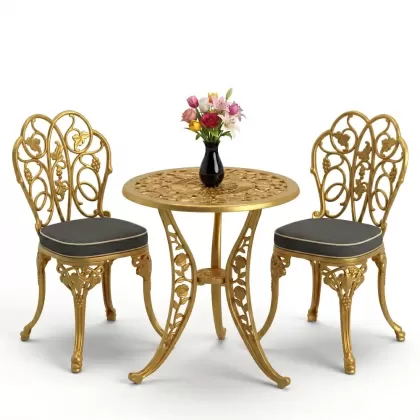 Yuvarlak 2 Kişilik alüminyum döküm masa, Ferfforje sandalye metal  balkon bahçe takımı gold altın
